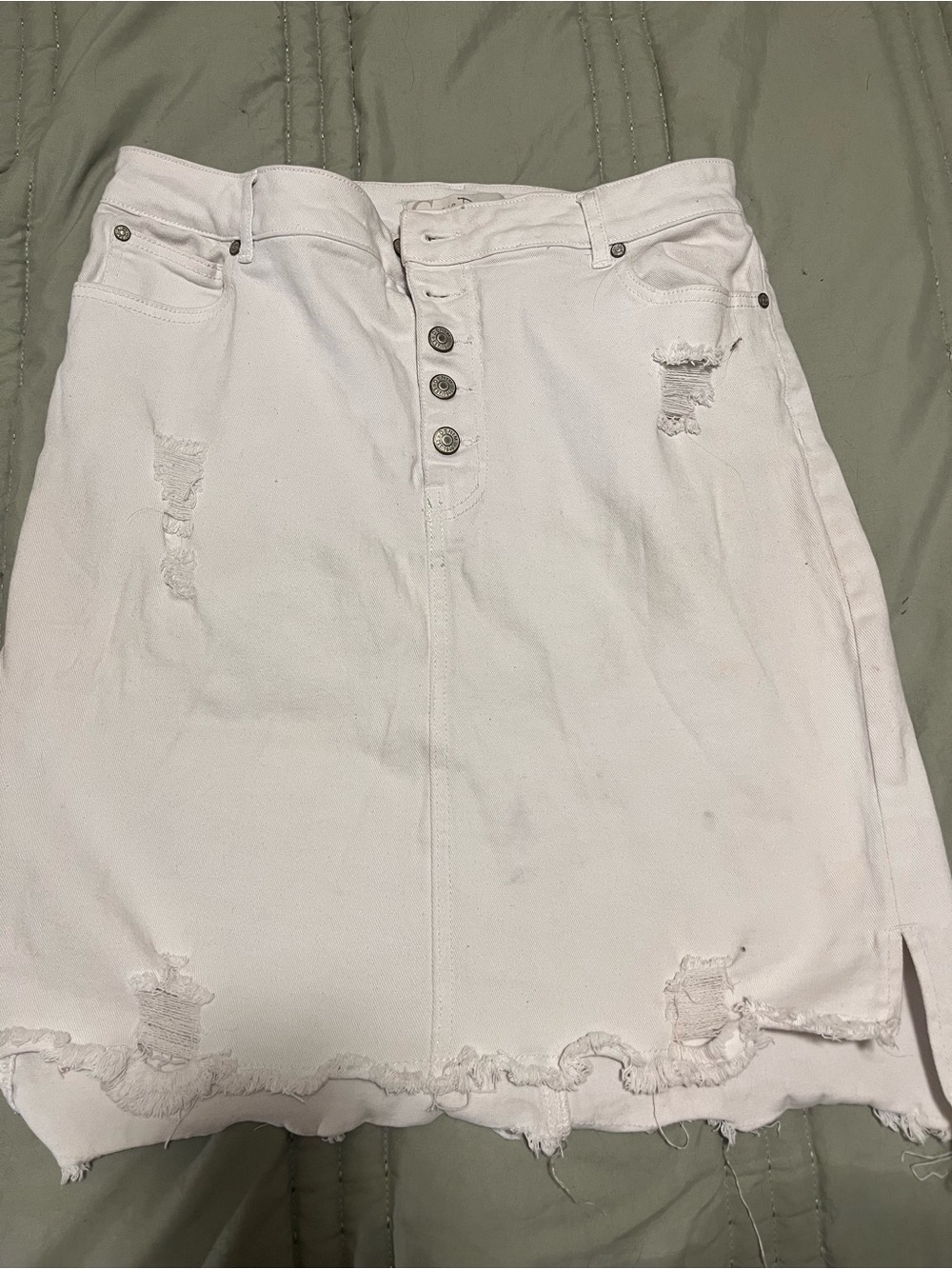 White Distressed Button-Front Denim Skirt